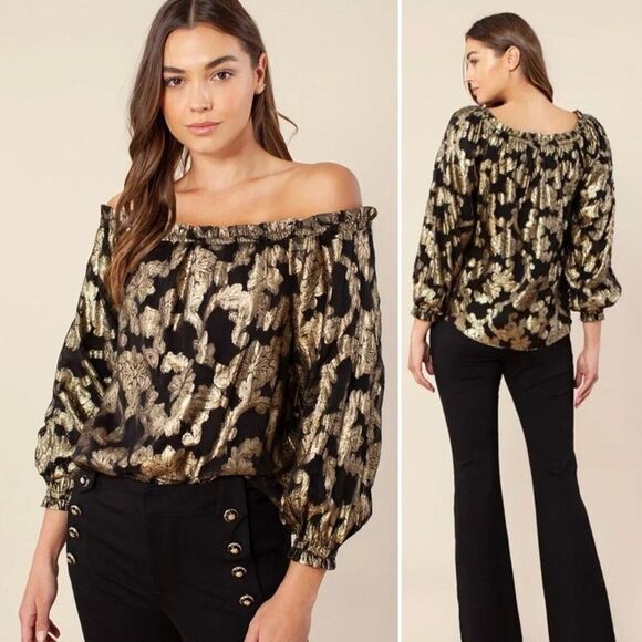 HALE BOB Viola Top Off Shoulder Black & Metallic Gold Floral Blouse Goth Size S - Picture 1 of 11